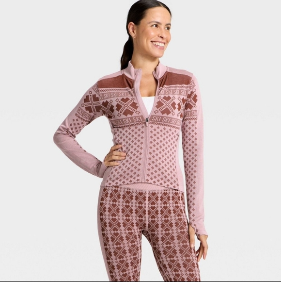 Women's Seamless Fair Isle Printed Full Zip Jacket All In Motion Maroon/Light L - Picture 3 of 5